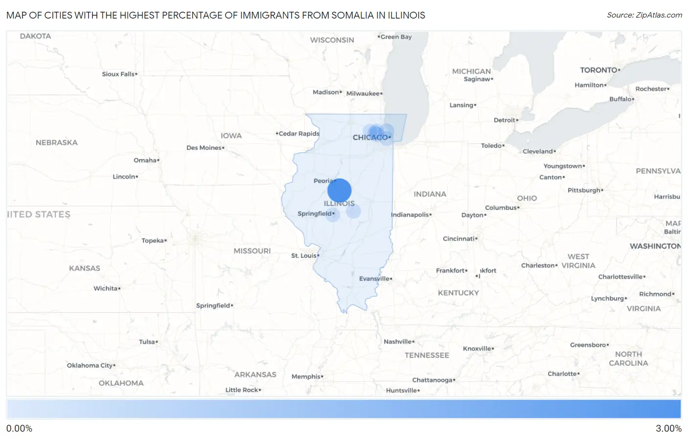 Cities with the Highest Percentage of Immigrants from Somalia in Illinois Map