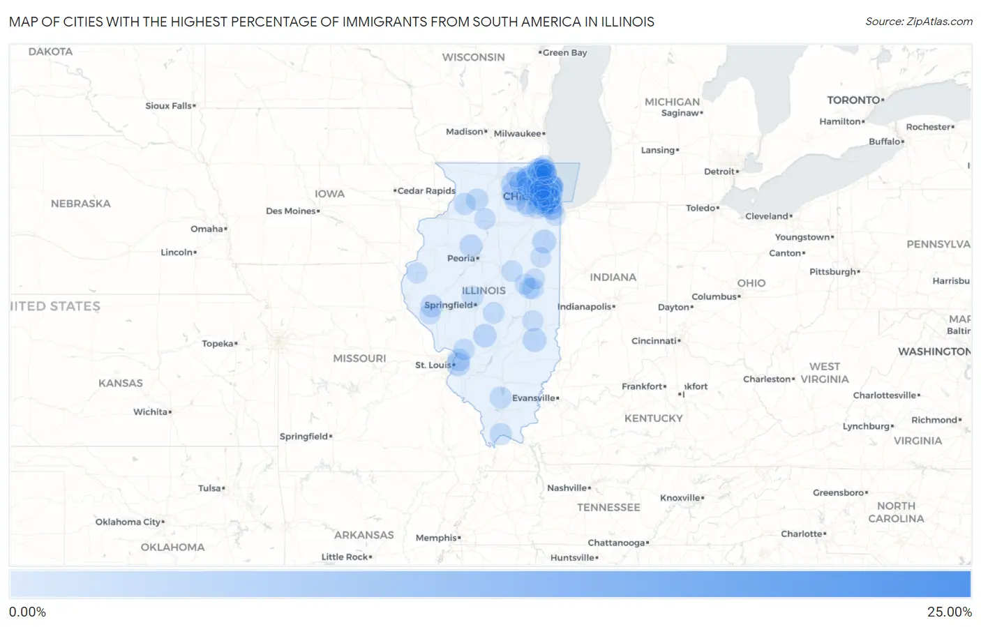 Cities with the Highest Percentage of Immigrants from South America in Illinois Map
