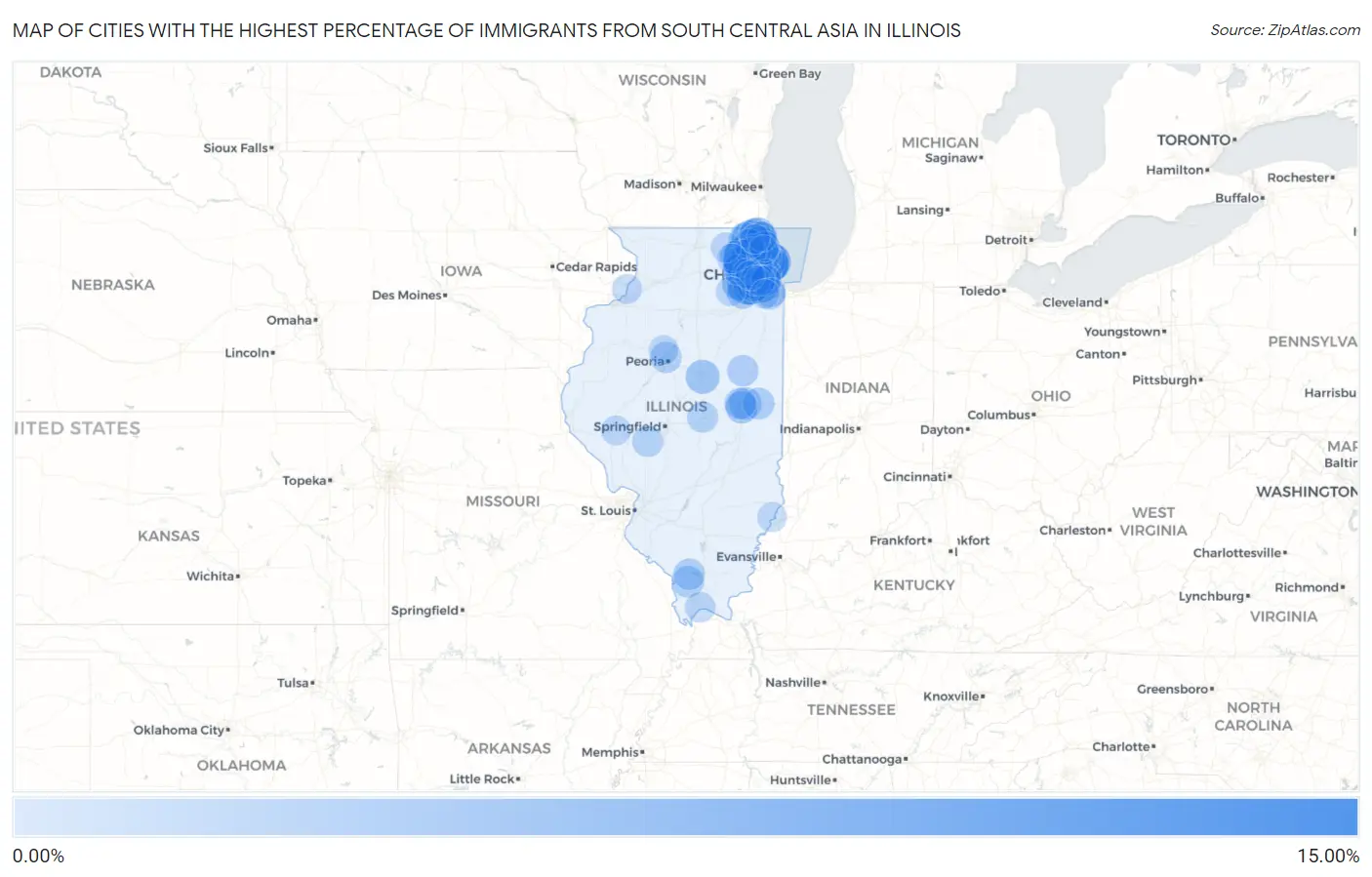 Cities with the Highest Percentage of Immigrants from South Central Asia in Illinois Map