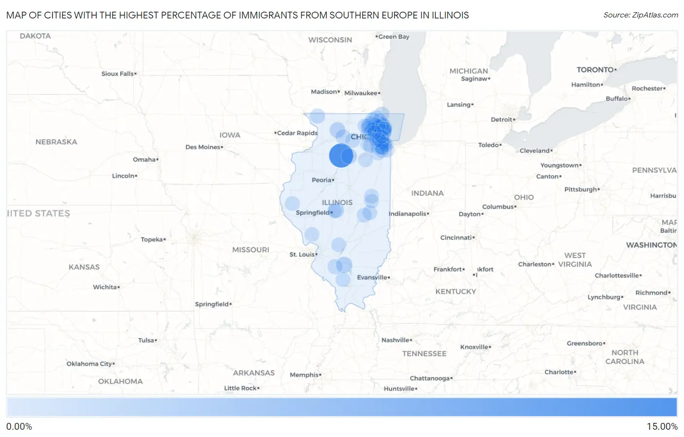 Cities with the Highest Percentage of Immigrants from Southern Europe in Illinois Map