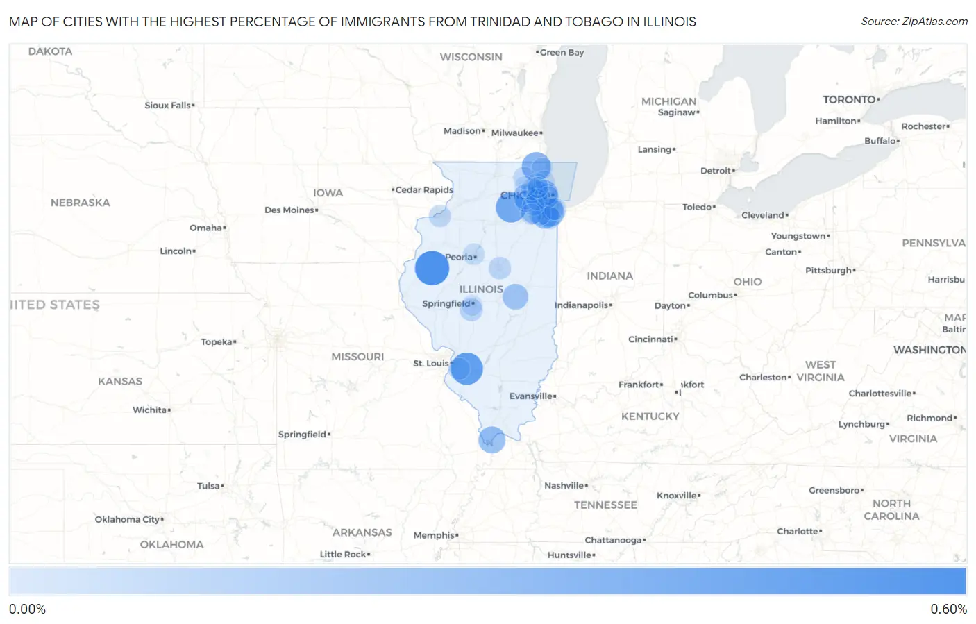 Cities with the Highest Percentage of Immigrants from Trinidad and Tobago in Illinois Map
