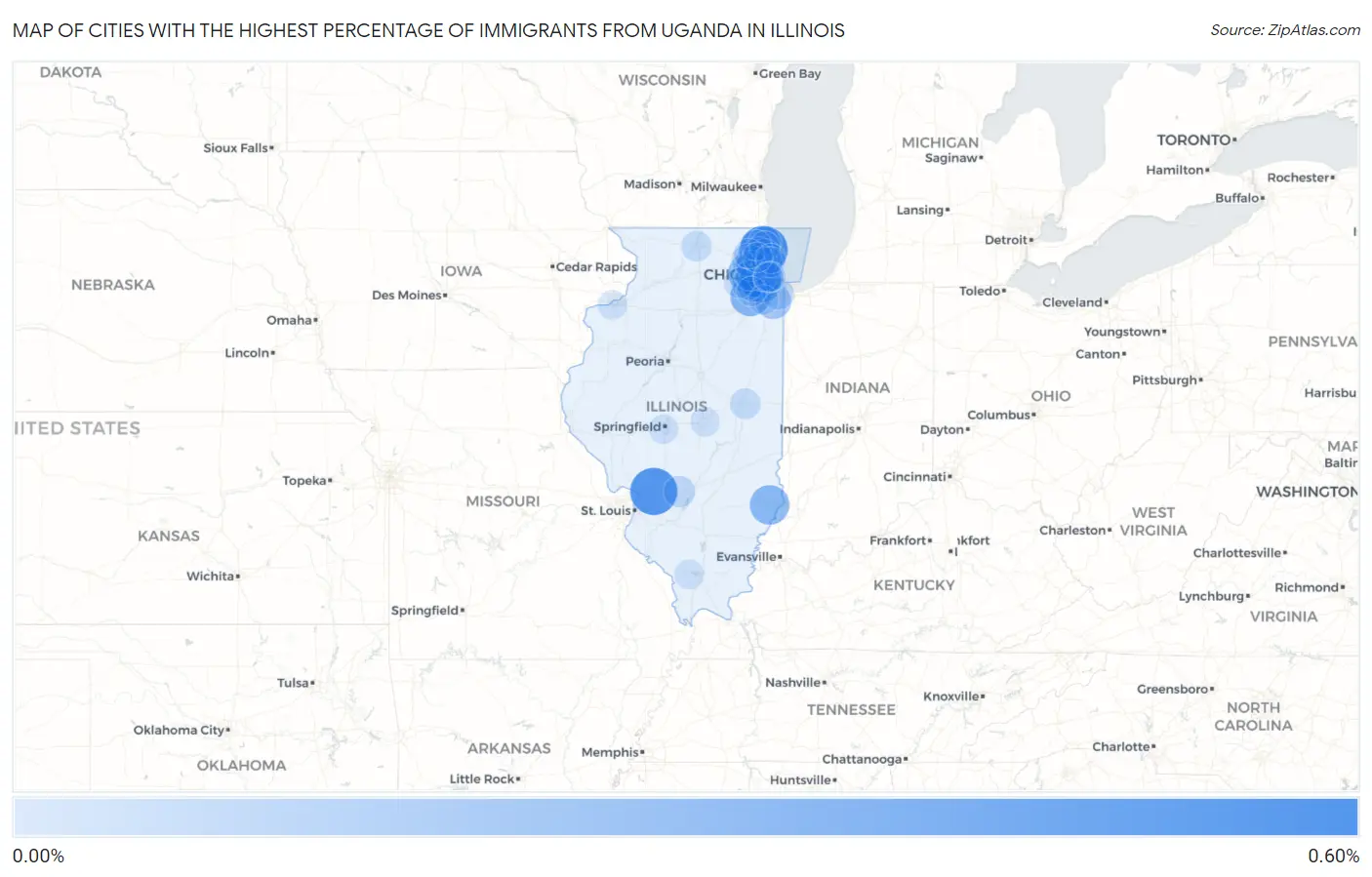 Cities with the Highest Percentage of Immigrants from Uganda in Illinois Map