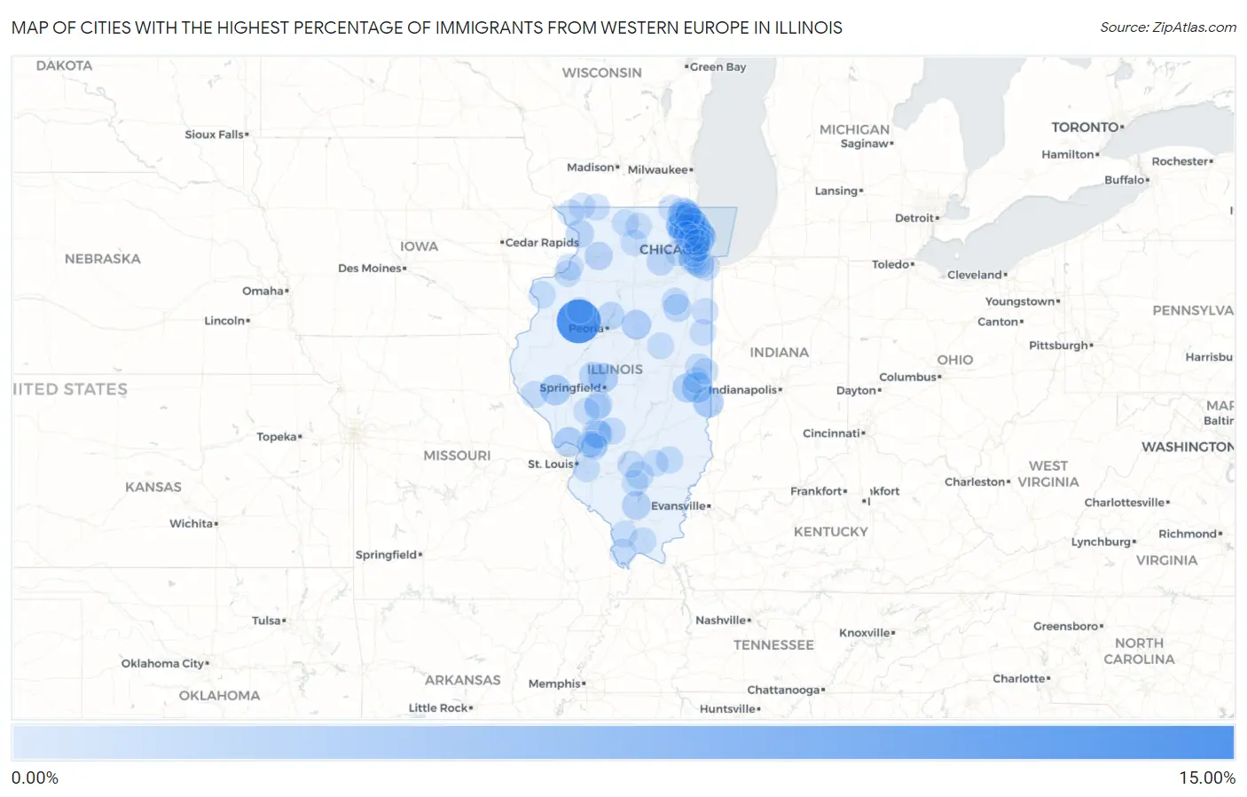 Cities with the Highest Percentage of Immigrants from Western Europe in Illinois Map