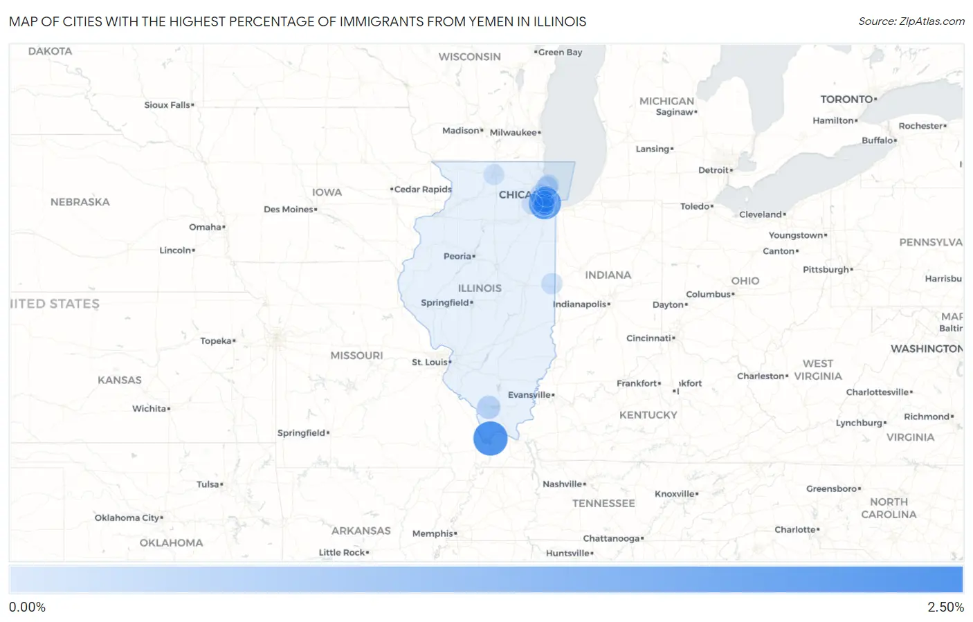 Cities with the Highest Percentage of Immigrants from Yemen in Illinois Map