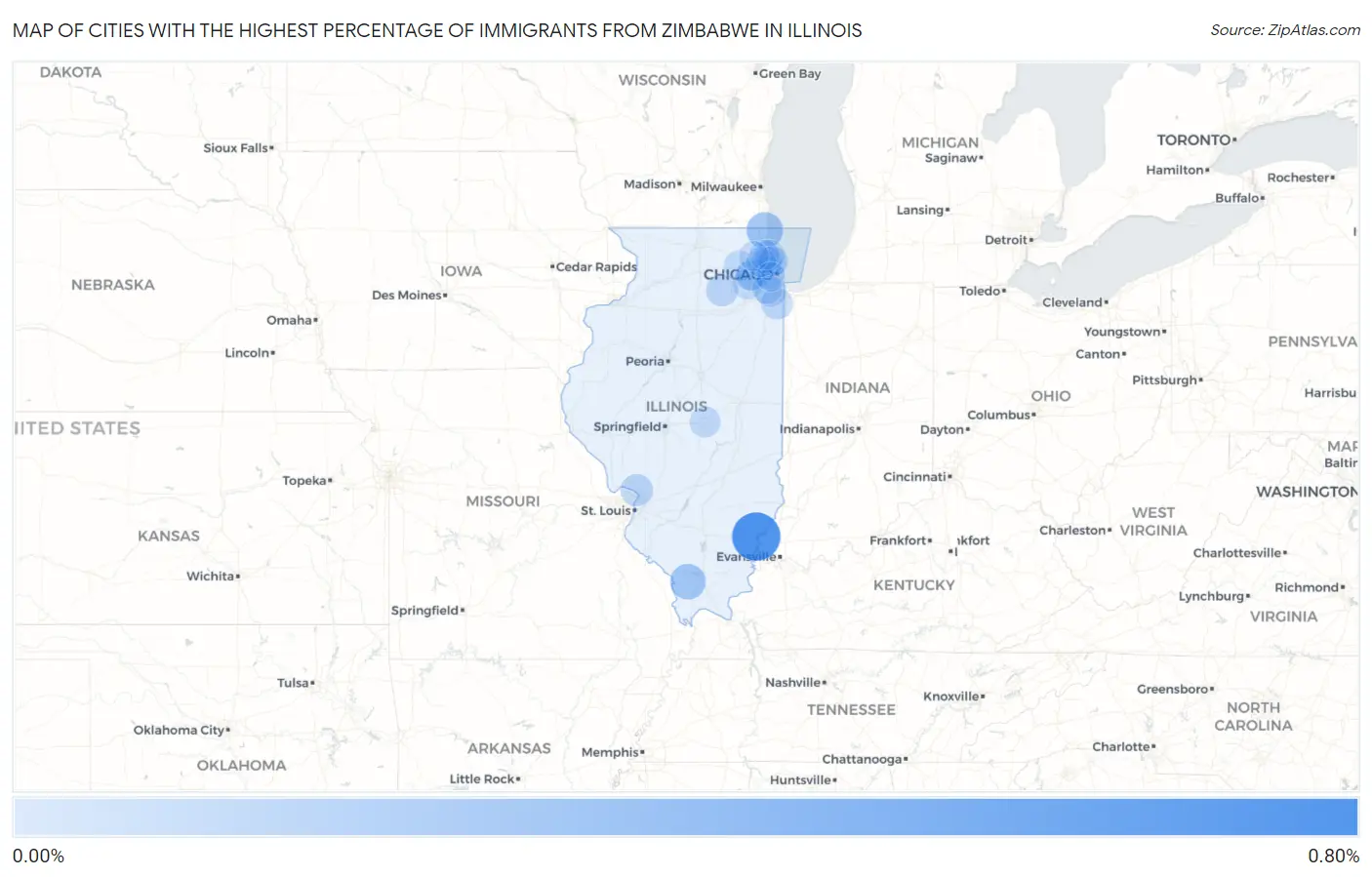 Cities with the Highest Percentage of Immigrants from Zimbabwe in Illinois Map