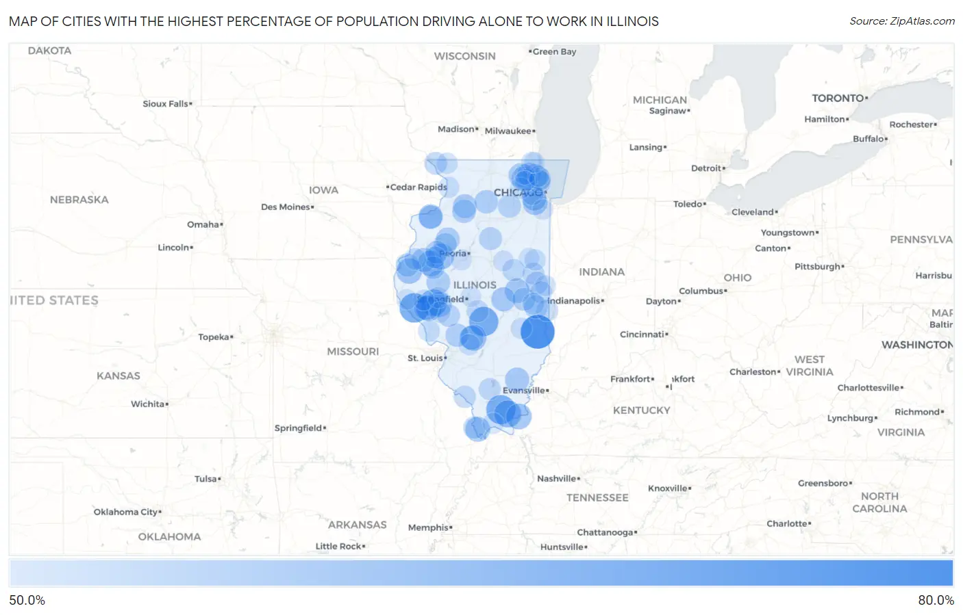 Cities with the Highest Percentage of Population Driving Alone to Work in Illinois Map