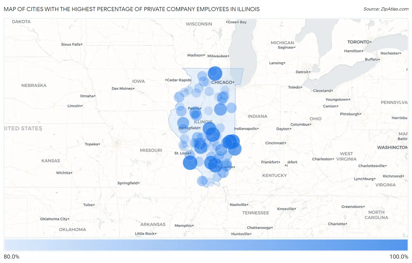 Cities with the Highest Percentage of Private Company Employees in Illinois Map