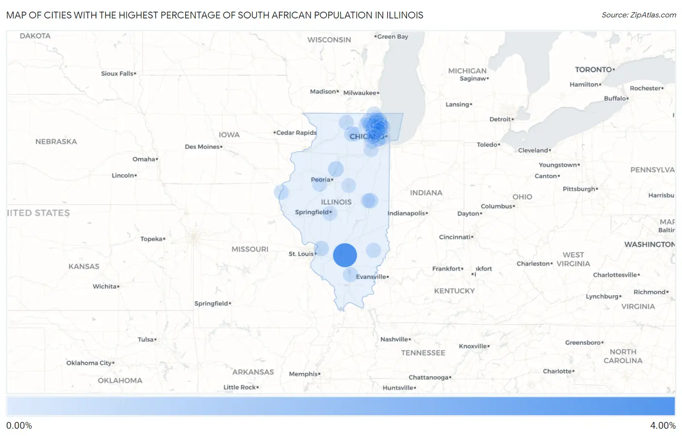Cities with the Highest Percentage of South African Population in Illinois Map