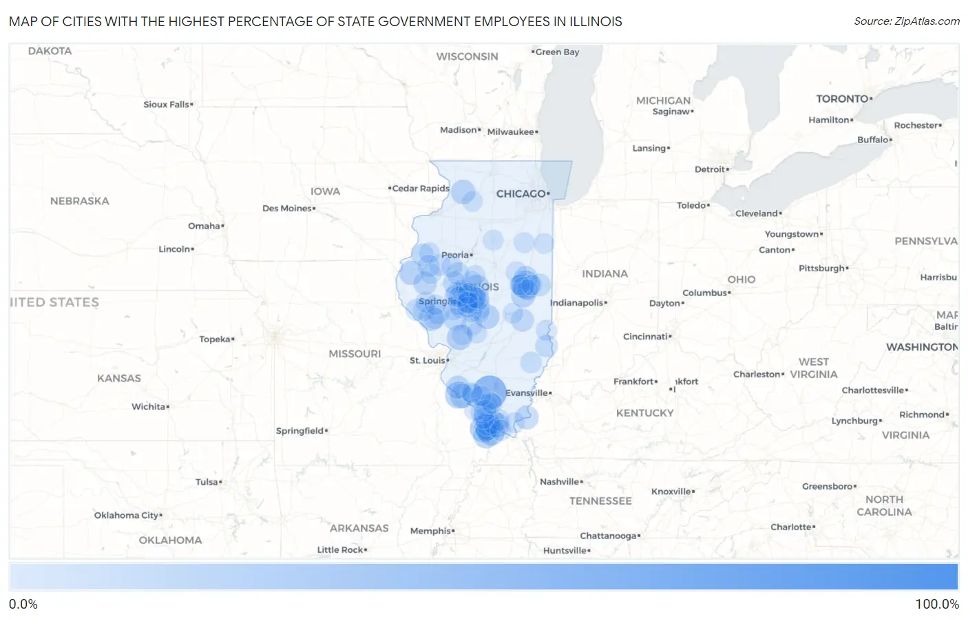 Cities with the Highest Percentage of State Government Employees in Illinois Map