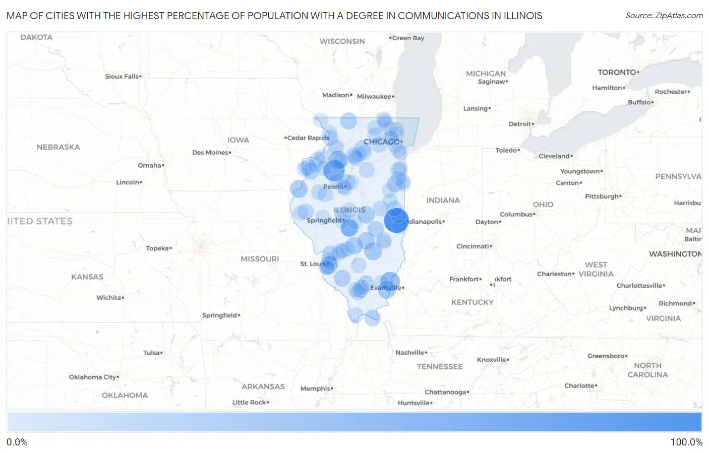 Cities with the Highest Percentage of Population with a Degree in Communications in Illinois Map