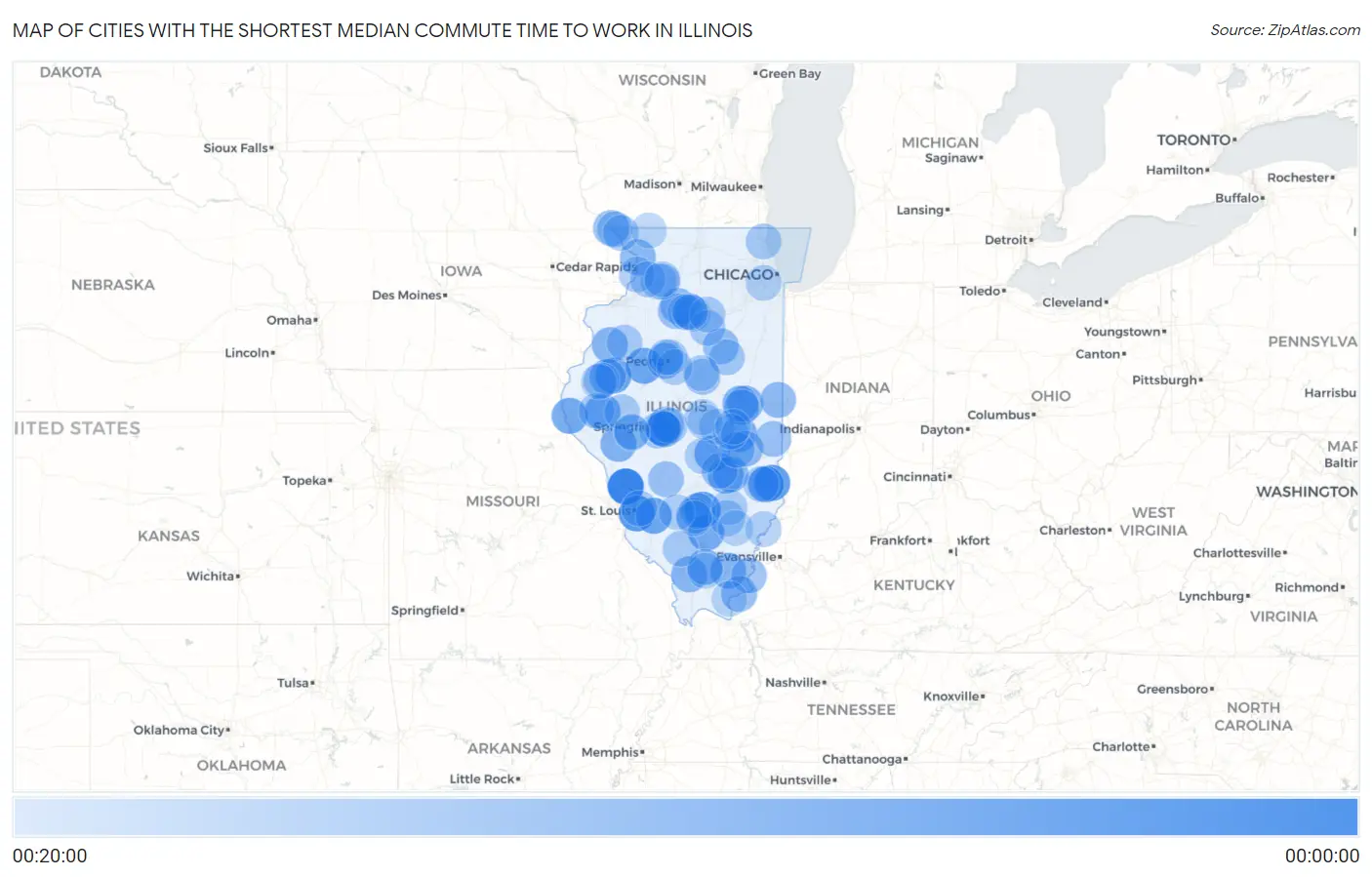 Cities with the Shortest Median Commute Time to Work in Illinois Map
