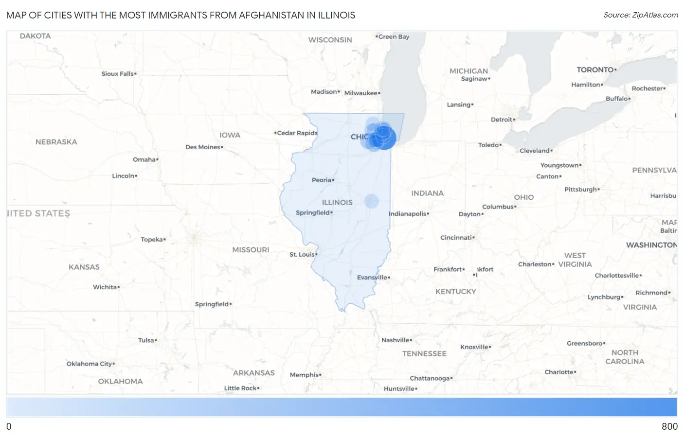 Cities with the Most Immigrants from Afghanistan in Illinois Map