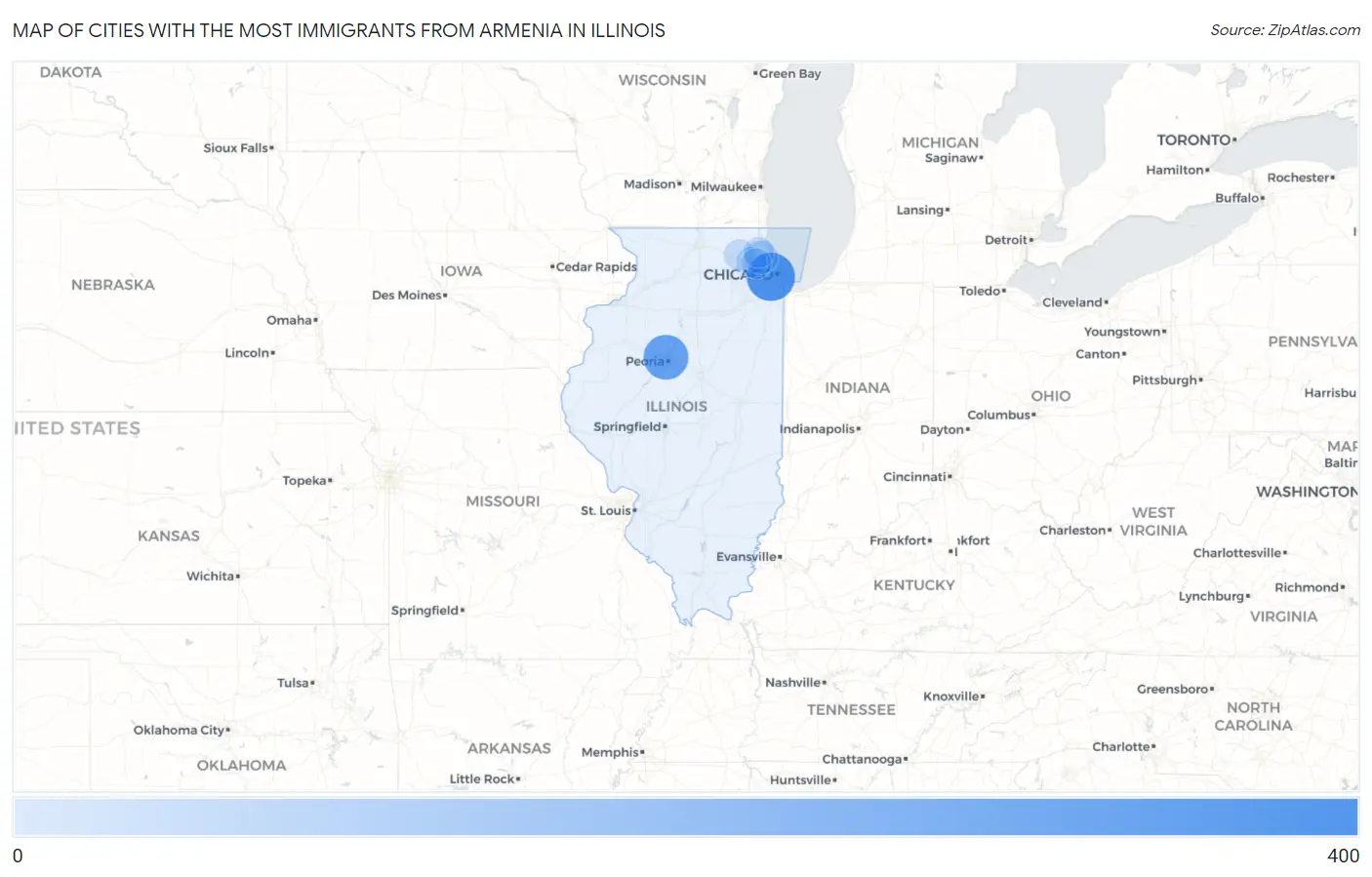 Cities with the Most Immigrants from Armenia in Illinois Map