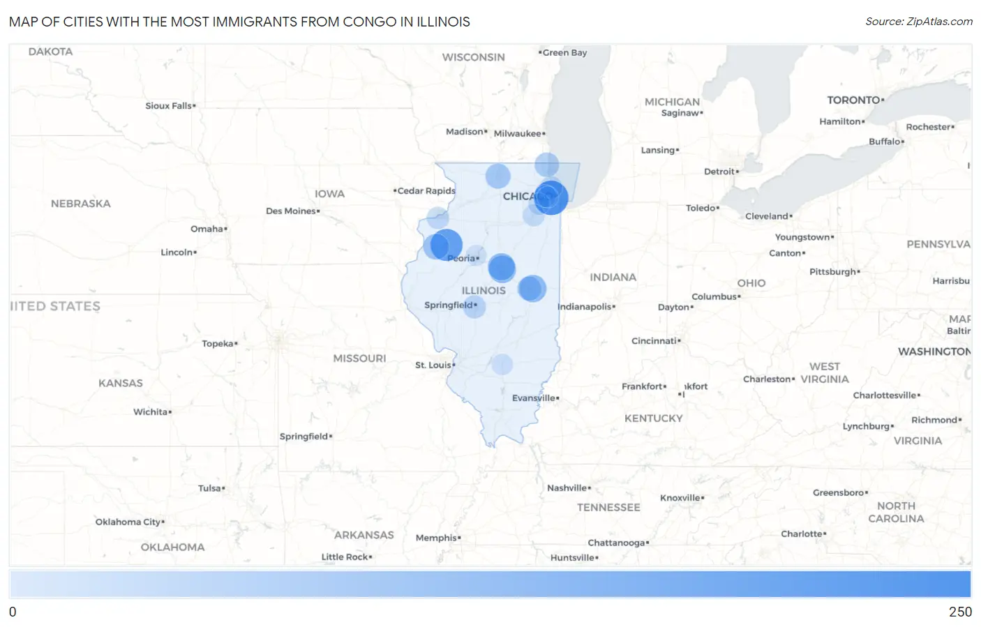 Cities with the Most Immigrants from Congo in Illinois Map