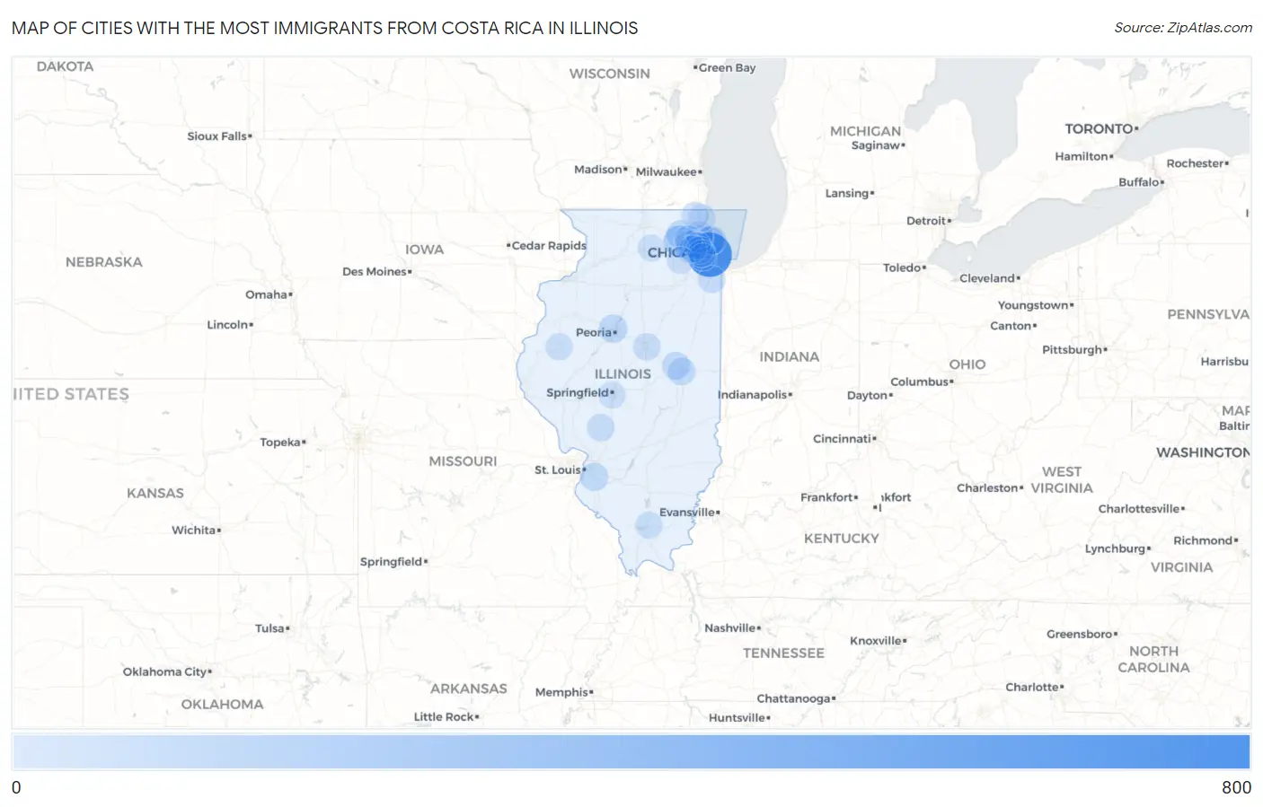 Cities with the Most Immigrants from Costa Rica in Illinois Map