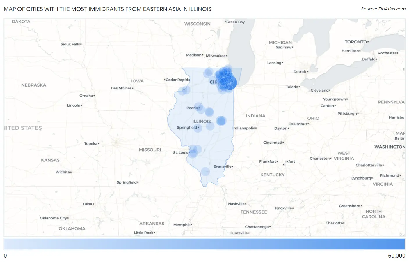 Cities with the Most Immigrants from Eastern Asia in Illinois Map