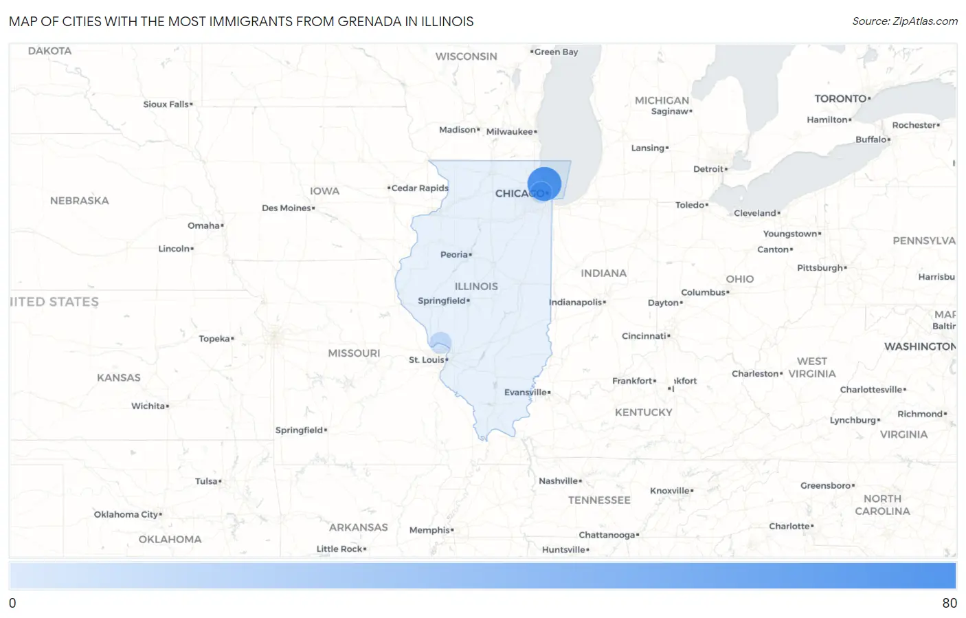 Cities with the Most Immigrants from Grenada in Illinois Map