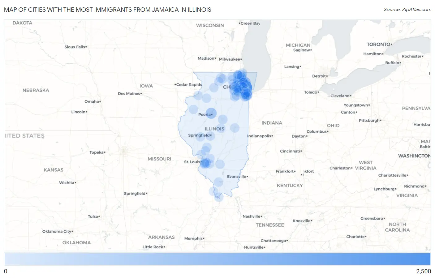Cities with the Most Immigrants from Jamaica in Illinois Map