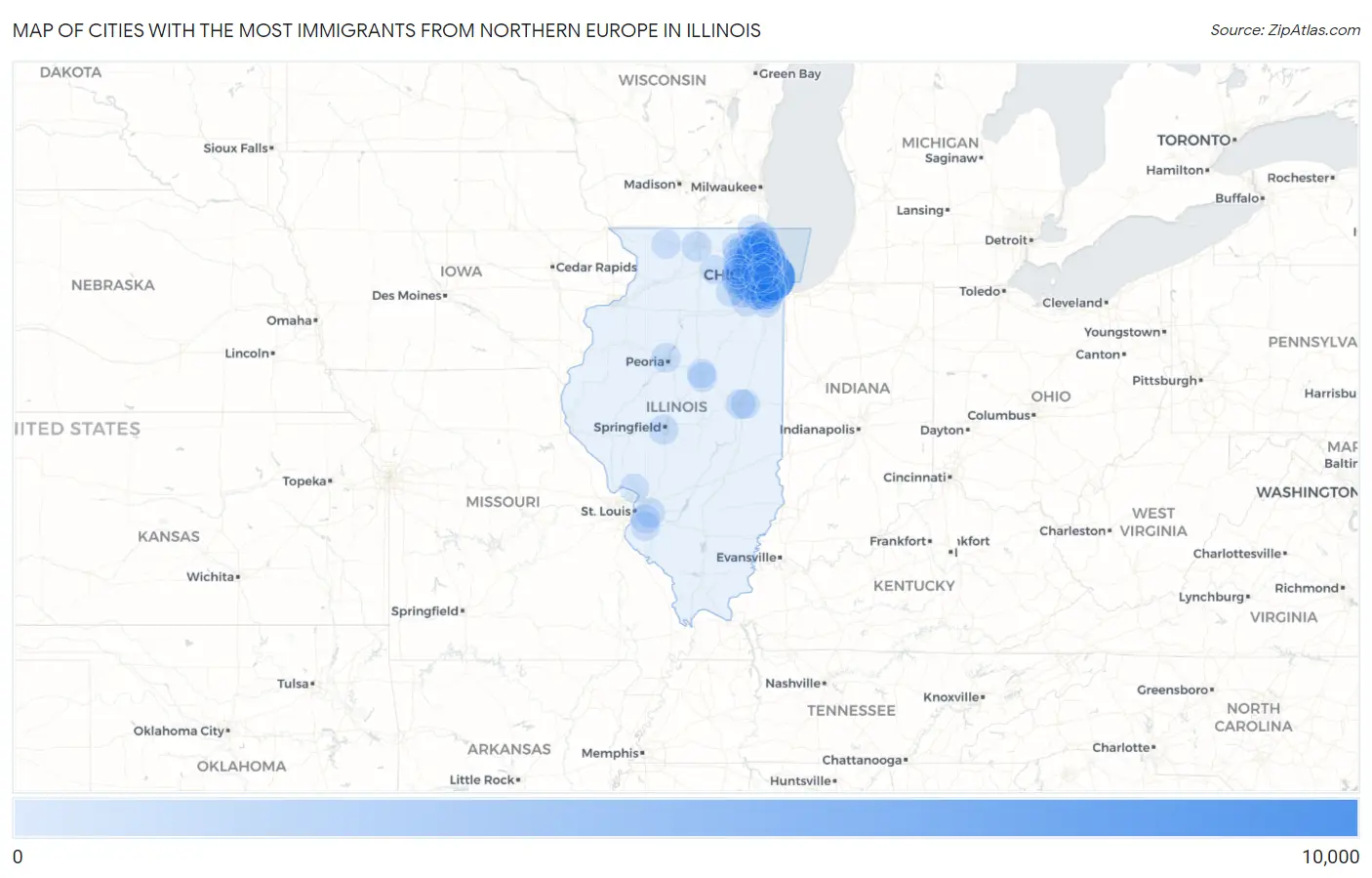 Cities with the Most Immigrants from Northern Europe in Illinois Map