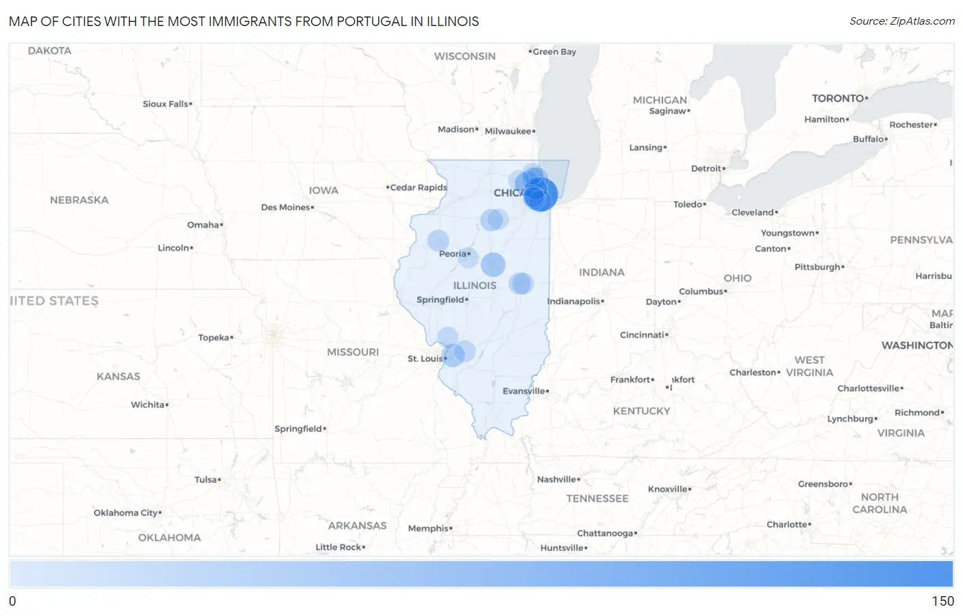 Cities with the Most Immigrants from Portugal in Illinois Map