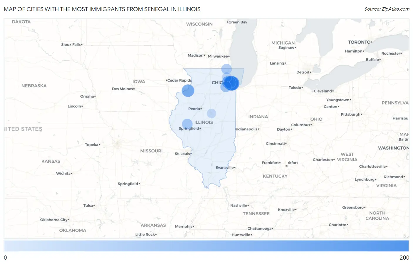 Cities with the Most Immigrants from Senegal in Illinois Map
