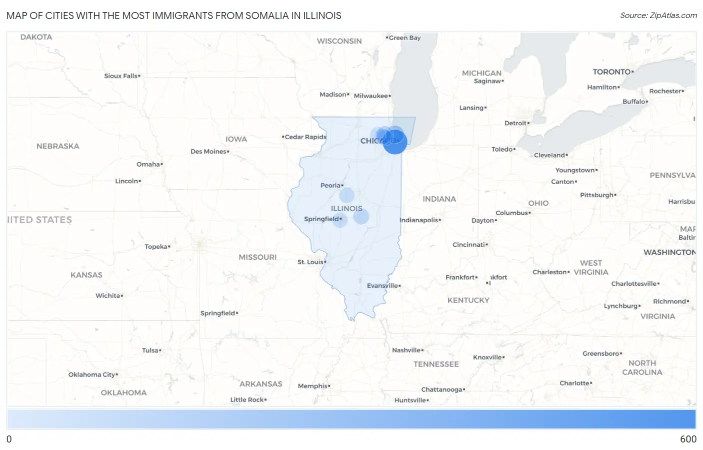 Cities with the Most Immigrants from Somalia in Illinois Map