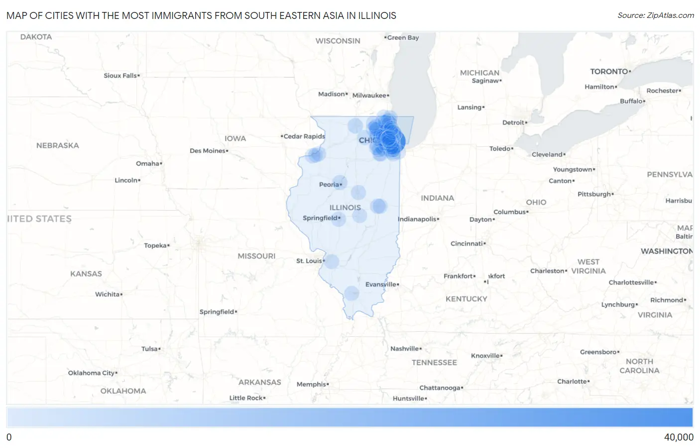 Cities with the Most Immigrants from South Eastern Asia in Illinois Map