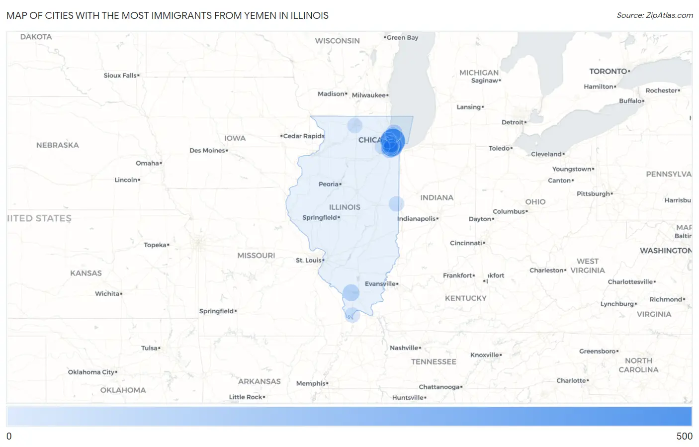 Cities with the Most Immigrants from Yemen in Illinois Map