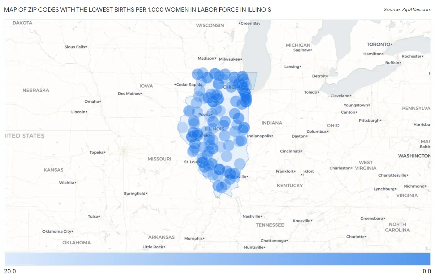 Zip Codes with the Lowest Births per 1,000 Women in Labor Force in Illinois Map