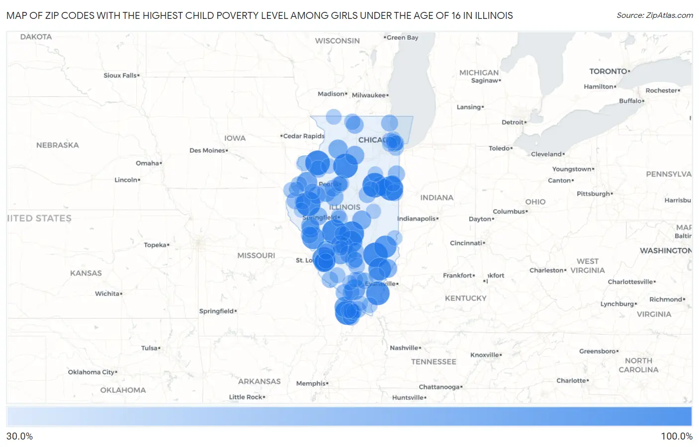 Zip Codes with the Highest Child Poverty Level Among Girls Under the Age of 16 in Illinois Map
