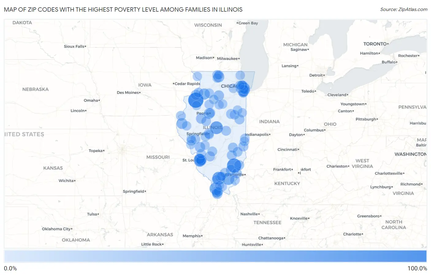 Zip Codes with the Highest Poverty Level Among Families in Illinois Map