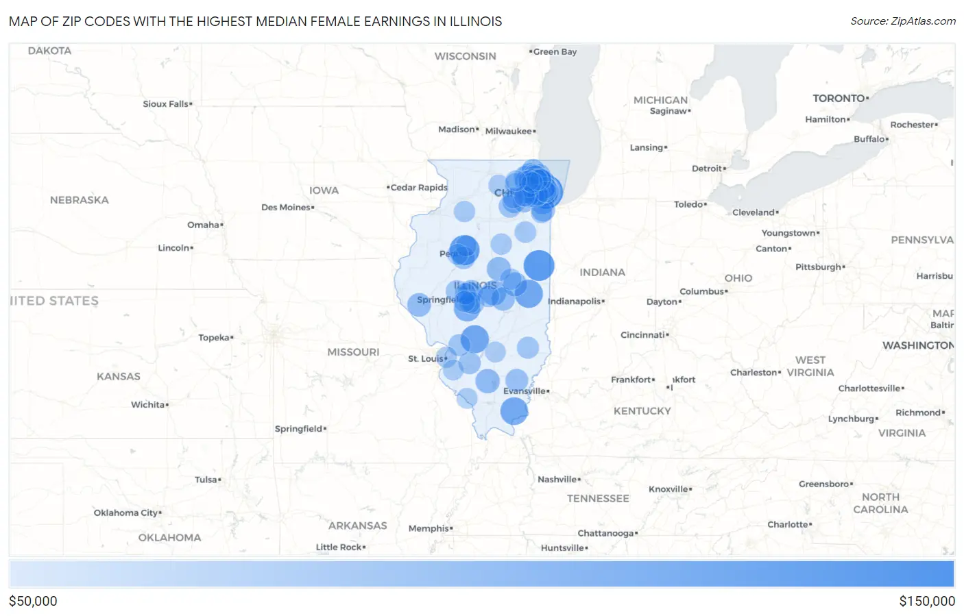 Zip Codes with the Highest Median Female Earnings in Illinois Map