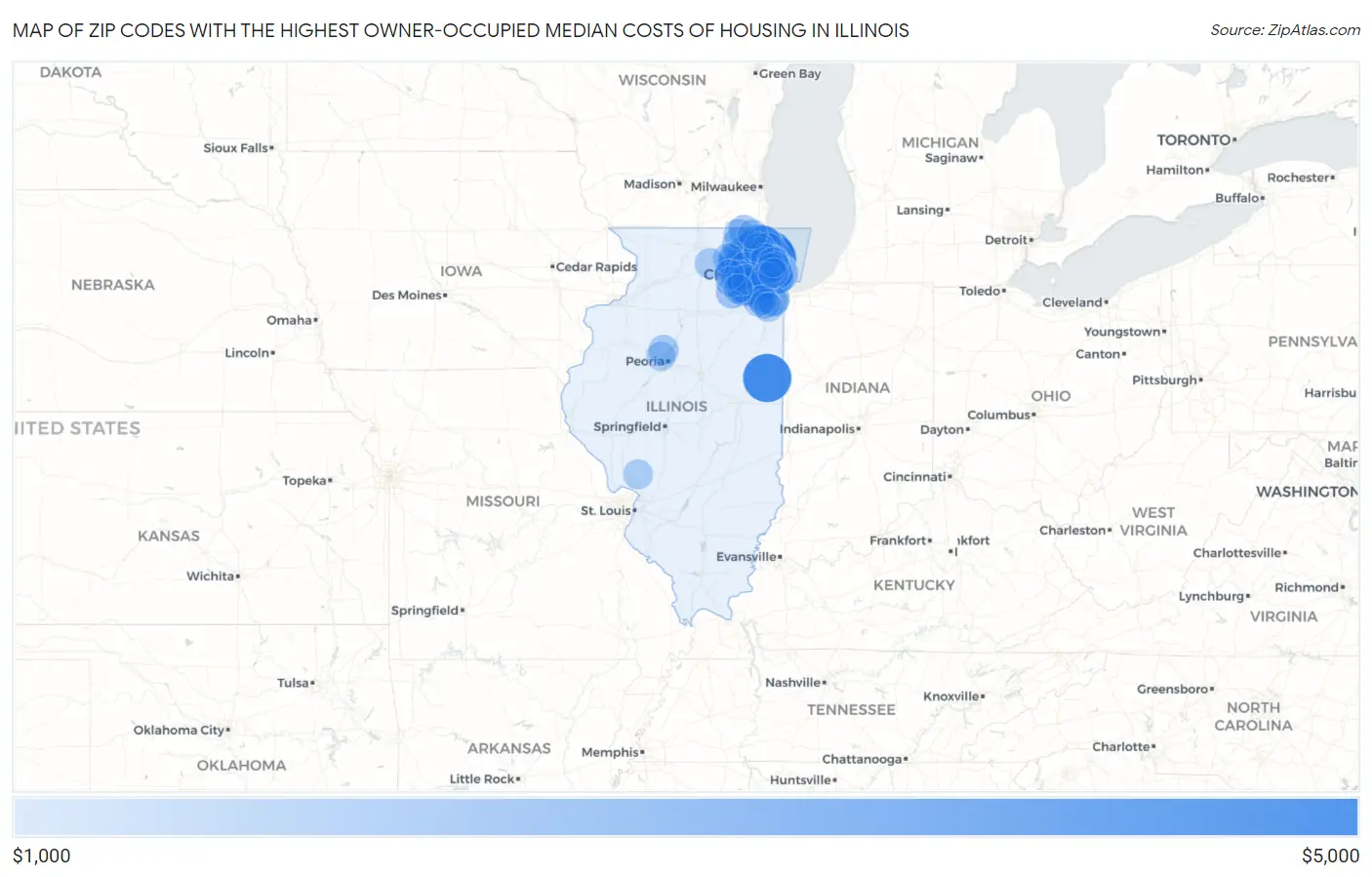Zip Codes with the Highest Owner-Occupied Median Costs of Housing in Illinois Map