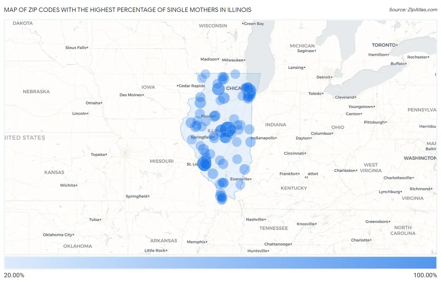 Zip Codes with the Highest Percentage of Single Mothers in Illinois Map
