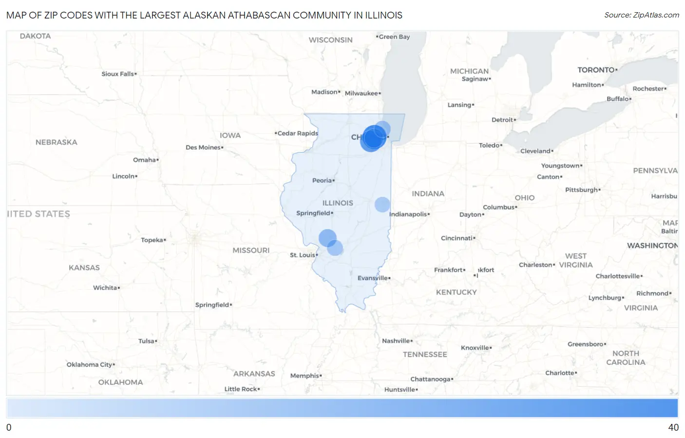 Zip Codes with the Largest Alaskan Athabascan Community in Illinois Map