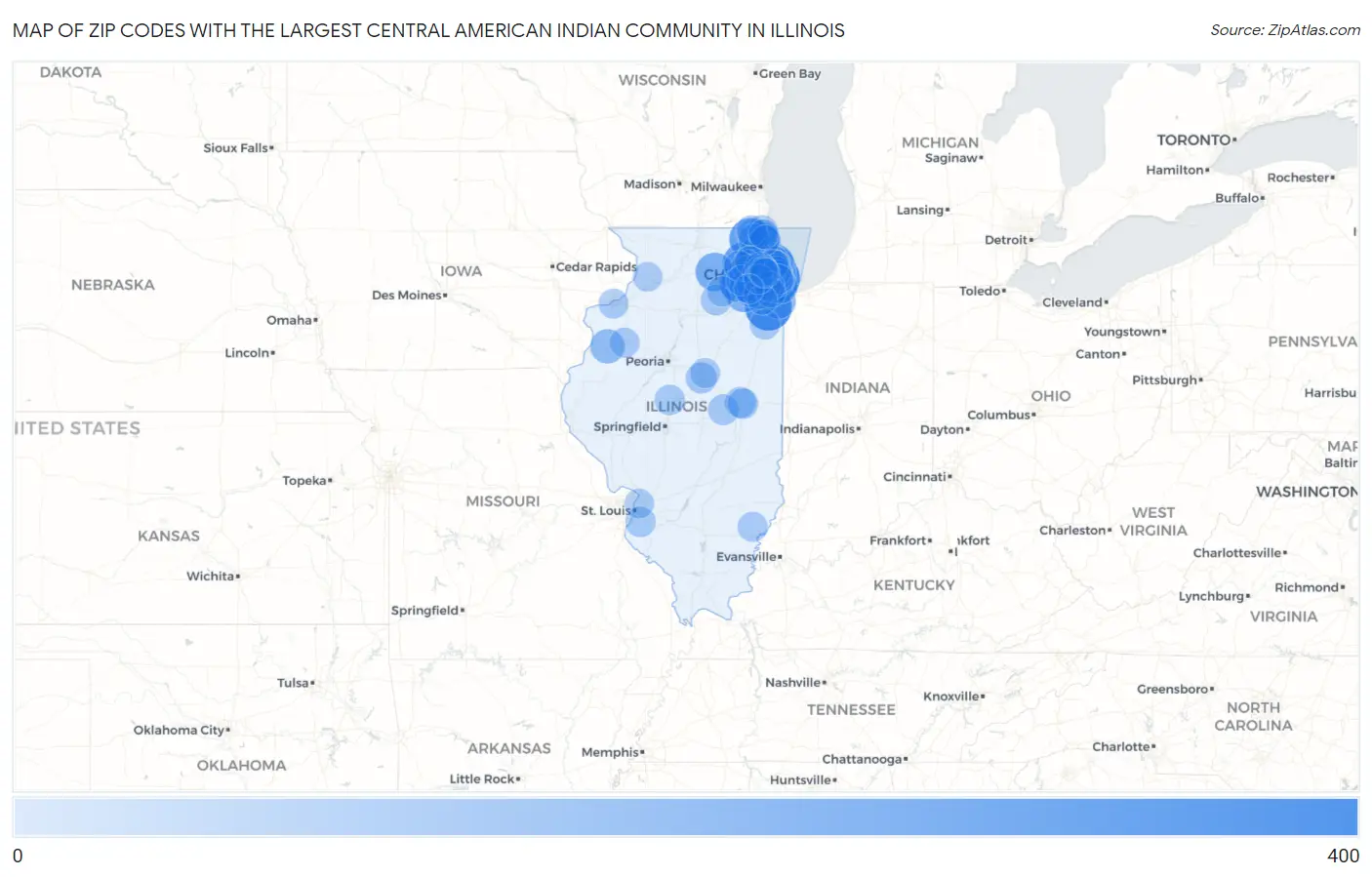 Zip Codes with the Largest Central American Indian Community in Illinois Map