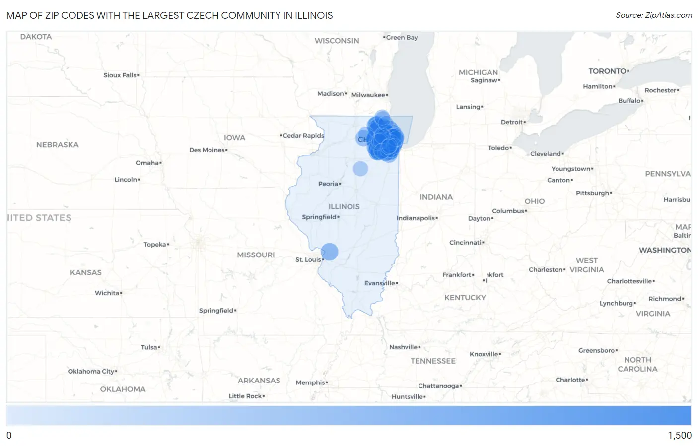Zip Codes with the Largest Czech Community in Illinois Map