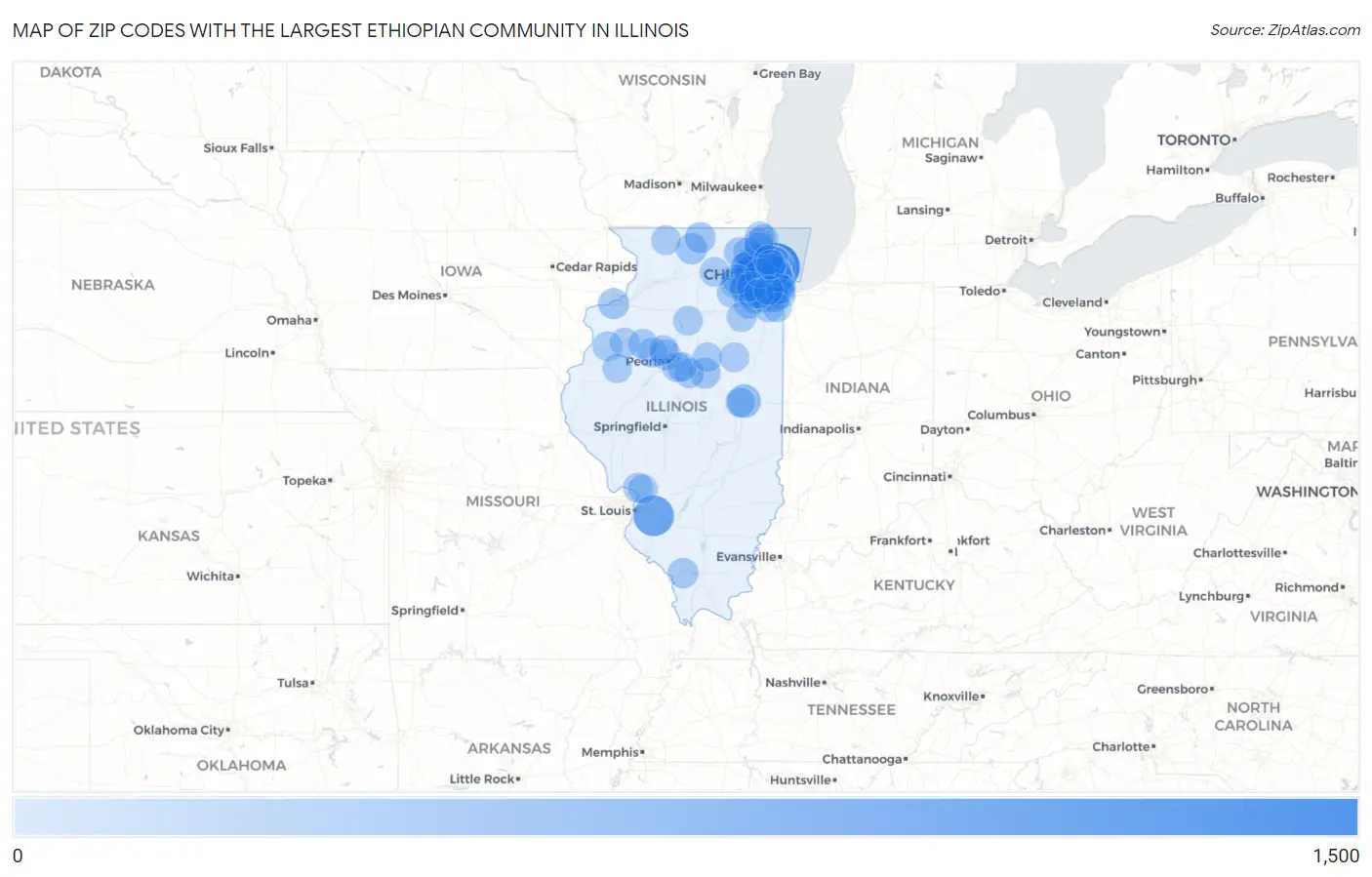 Zip Codes with the Largest Ethiopian Community in Illinois Map