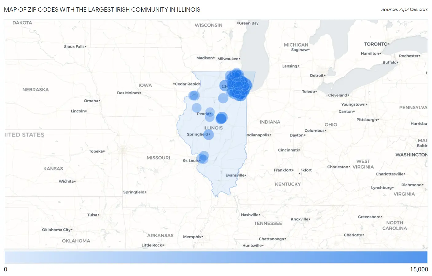 Zip Codes with the Largest Irish Community in Illinois Map