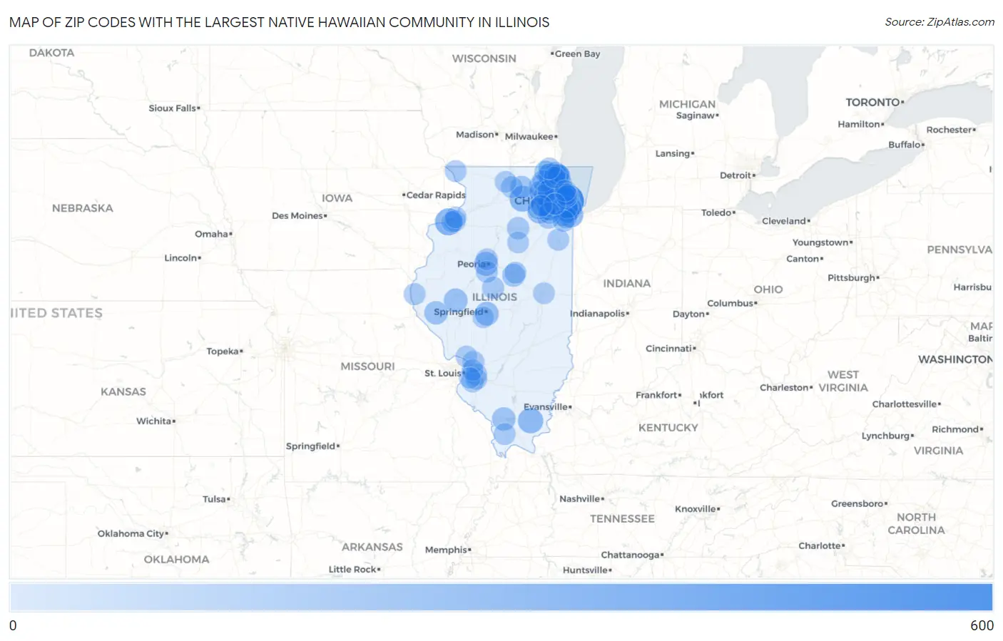 Zip Codes with the Largest Native Hawaiian Community in Illinois Map