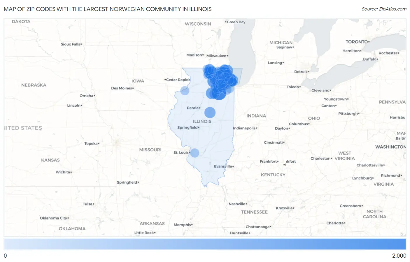 Zip Codes with the Largest Norwegian Community in Illinois Map