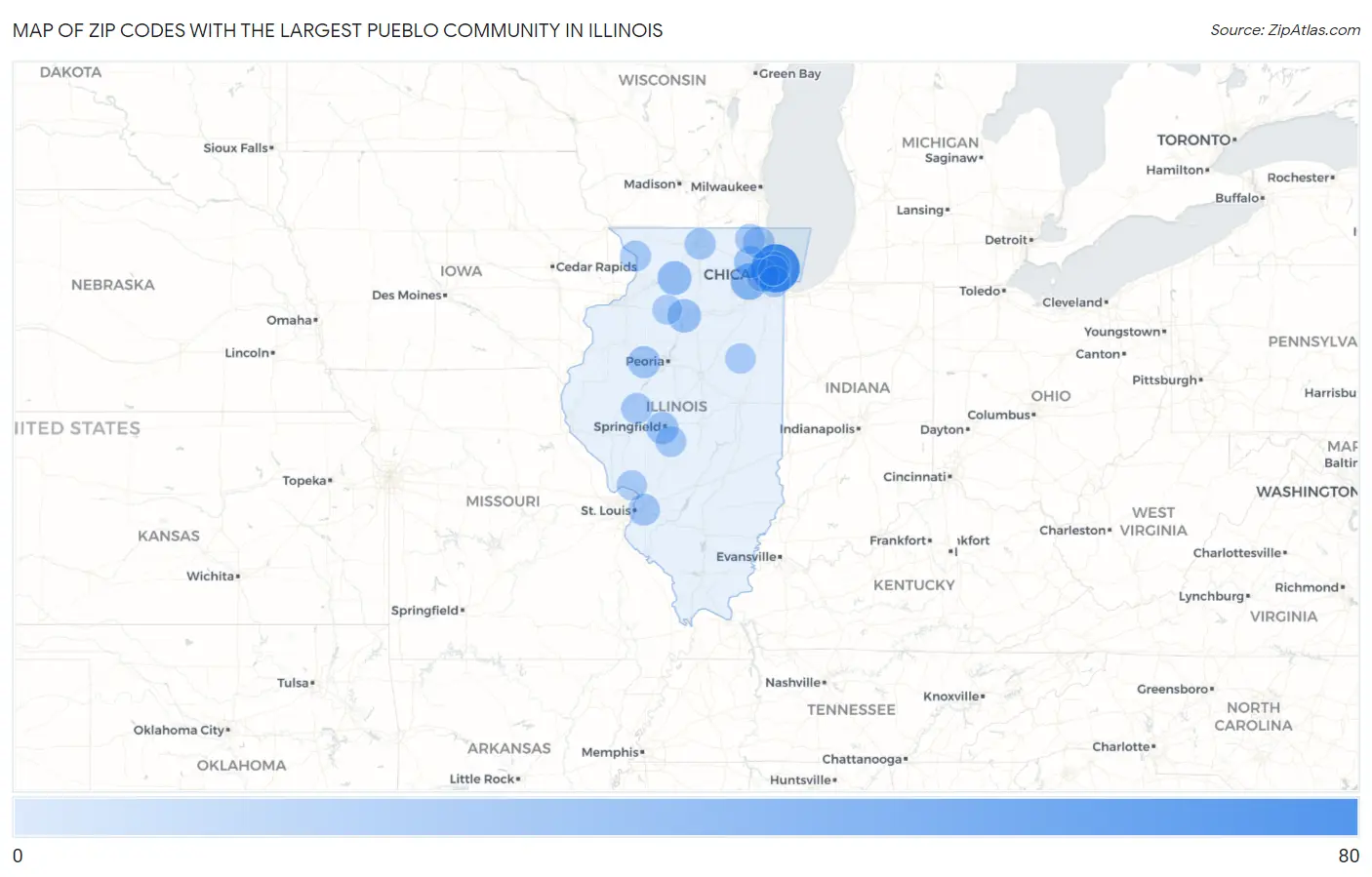 Zip Codes with the Largest Pueblo Community in Illinois Map