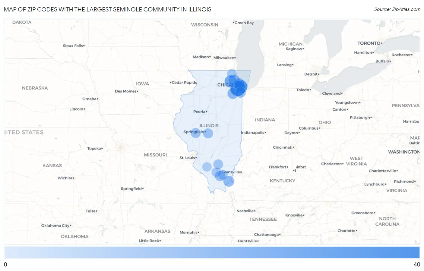 Zip Codes with the Largest Seminole Community in Illinois Map