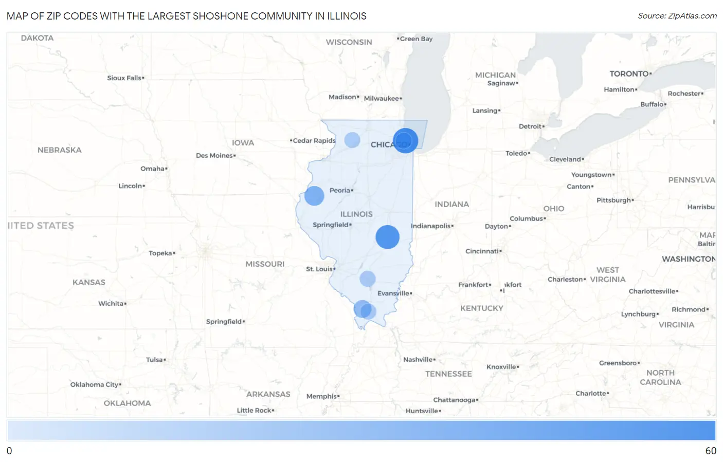 Zip Codes with the Largest Shoshone Community in Illinois Map