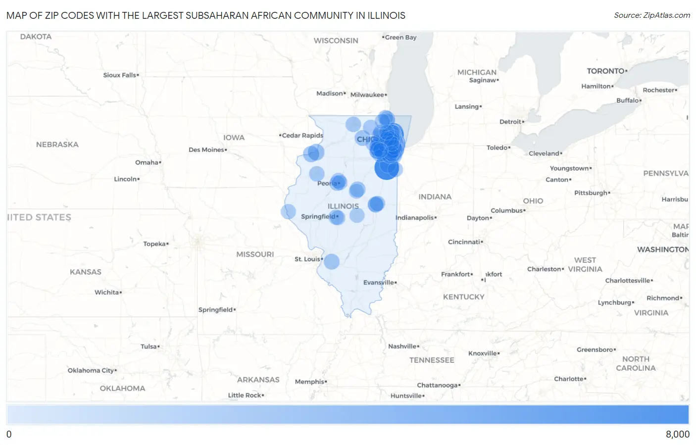 Zip Codes with the Largest Subsaharan African Community in Illinois Map