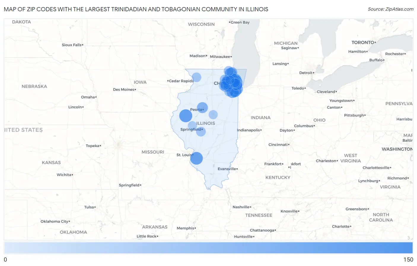 Zip Codes with the Largest Trinidadian and Tobagonian Community in Illinois Map