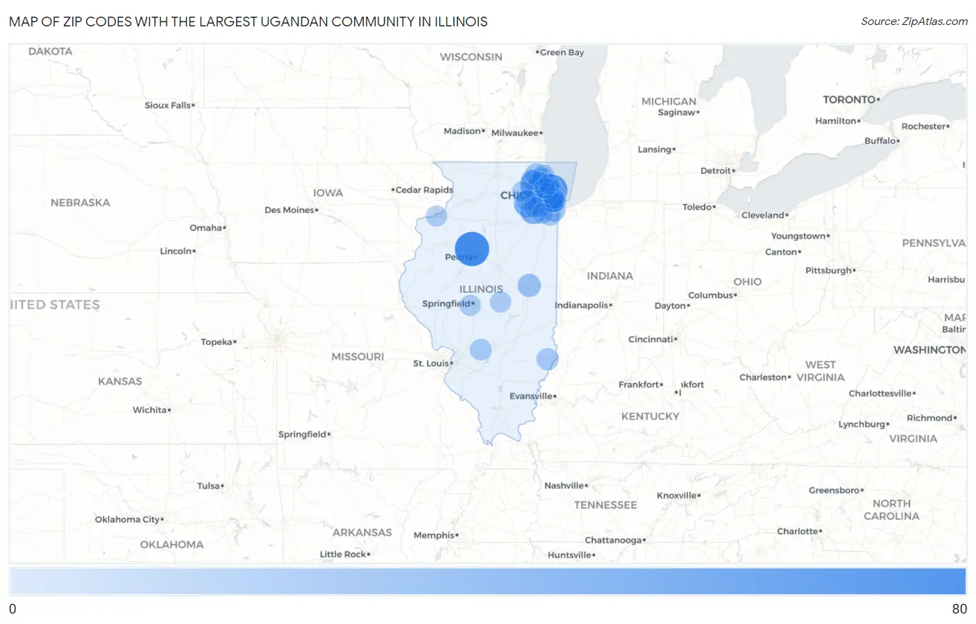 Zip Codes with the Largest Ugandan Community in Illinois Map