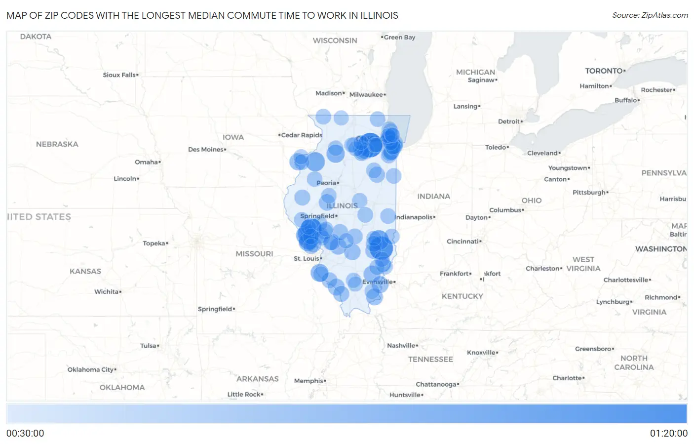 Zip Codes with the Longest Median Commute Time to Work in Illinois Map