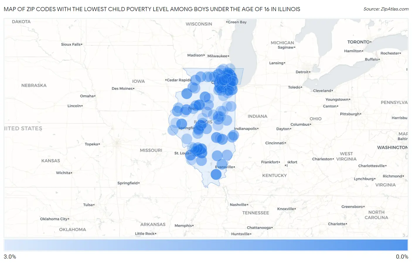 Zip Codes with the Lowest Child Poverty Level Among Boys Under the Age of 16 in Illinois Map