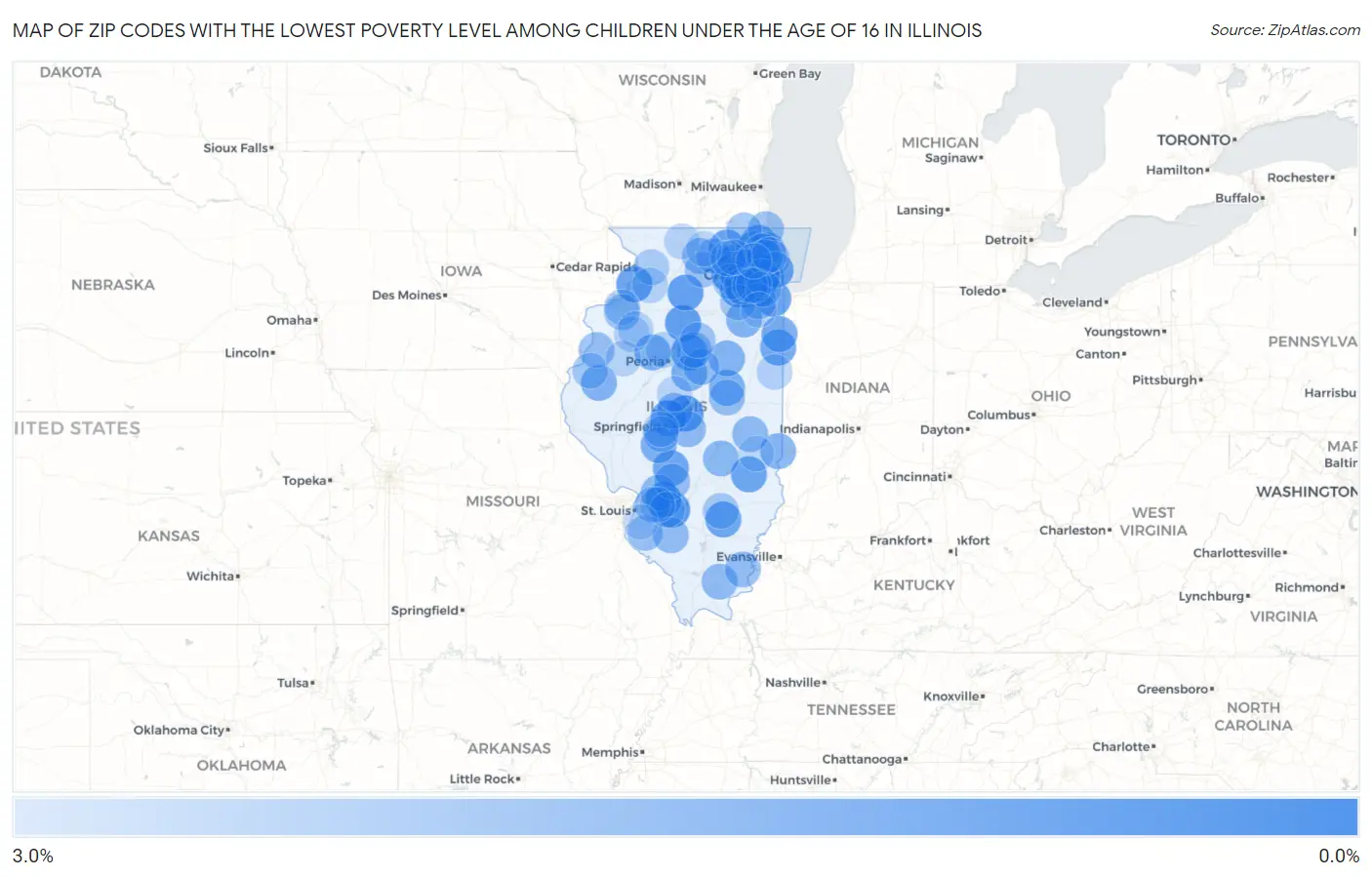 Zip Codes with the Lowest Poverty Level Among Children Under the Age of 16 in Illinois Map